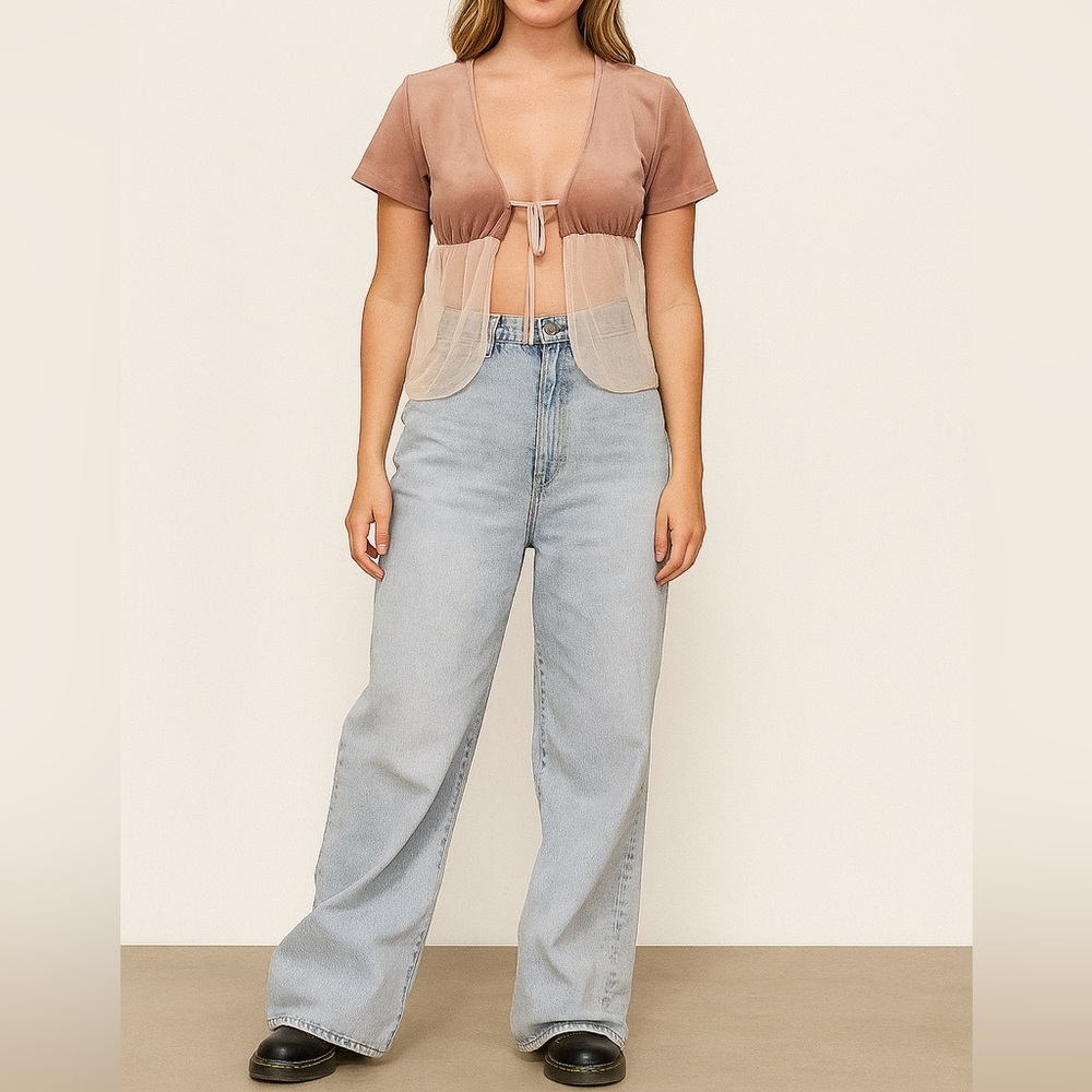 Brandy Melville One Size Velvet Sheer Cropped Tie Front Cardi Light Pink